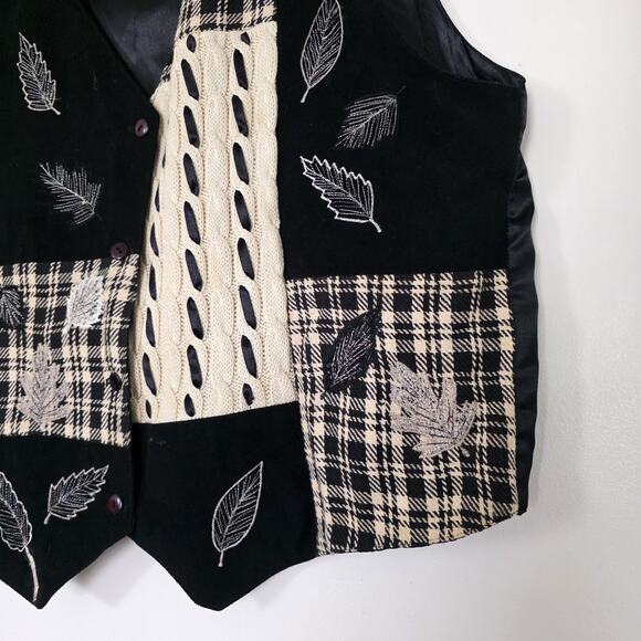 Vintage Patchwork Cable Knit Vest Womens 2X Boho Cottagecore Embroidered Leaves - Picture 2 of 8